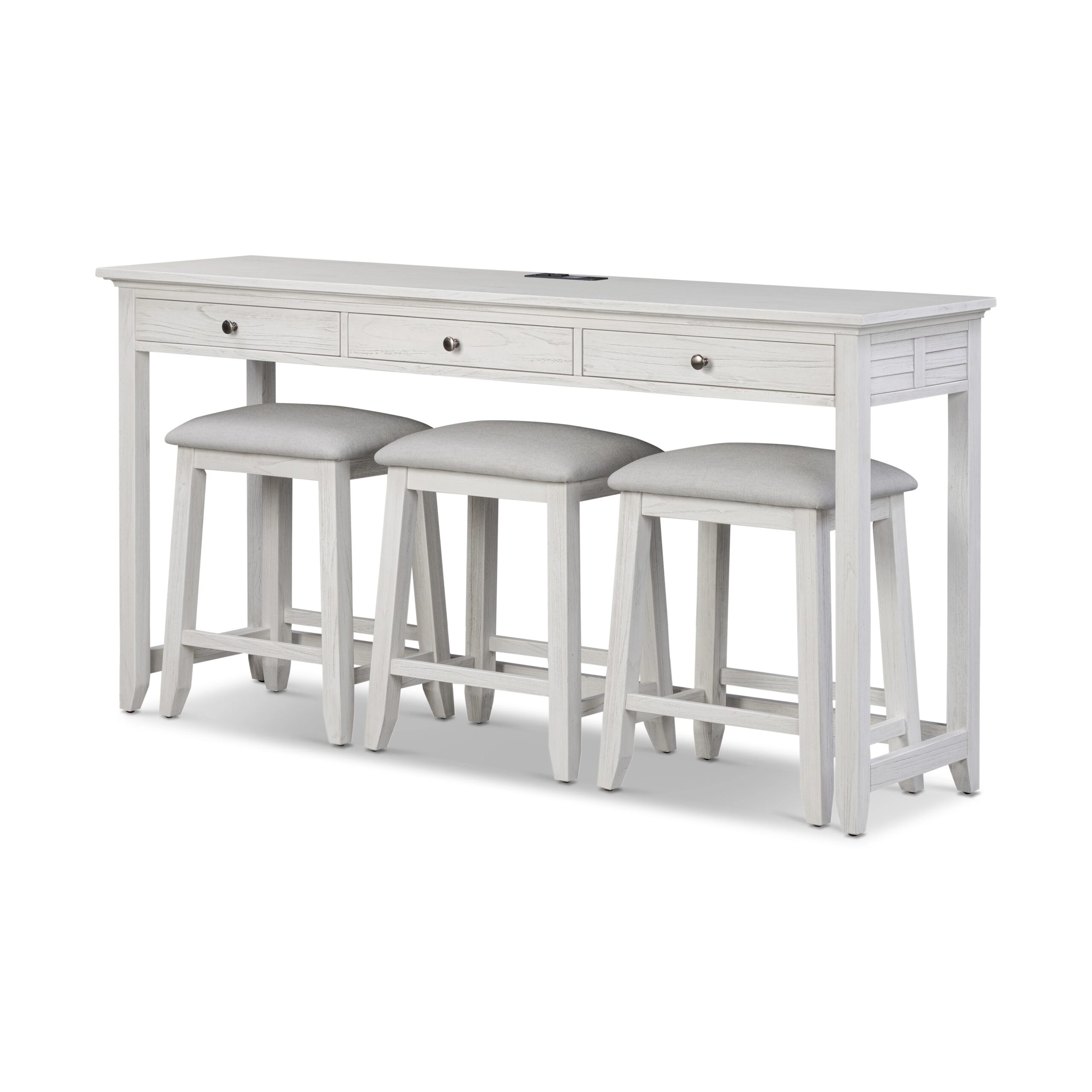 Surfside 3-Drawer Console w/ Power and 3 Stools- Complete Set - Weathered White